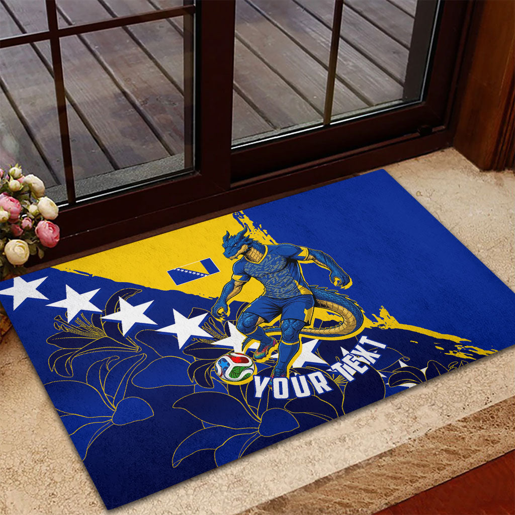 Personalized Bosnia And Herzegovina Football Dragon Mascot Rubber Doormat Balkan Soccer Design With Floral Line Art
