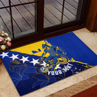 Personalized Bosnia And Herzegovina Football Dragon Mascot Rubber Doormat Balkan Soccer Design With Floral Line Art