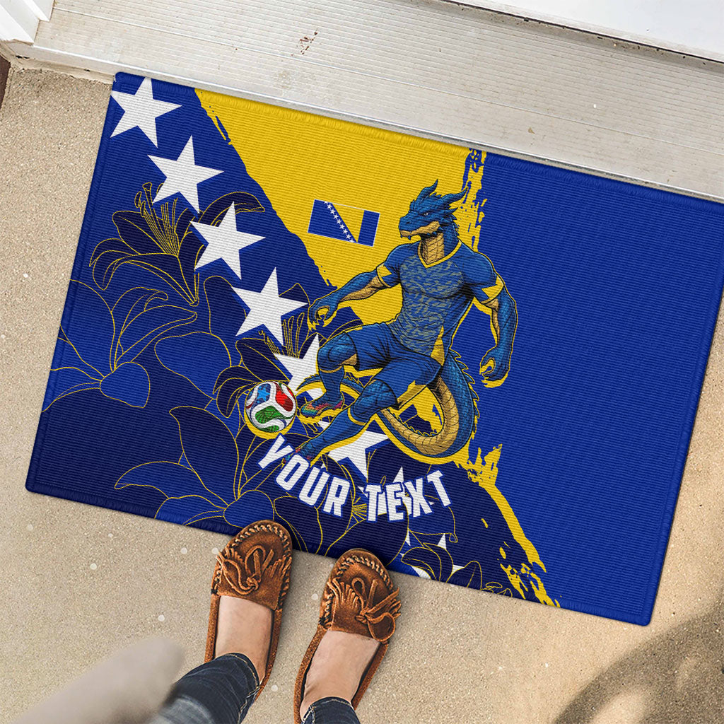Personalized Bosnia And Herzegovina Football Dragon Mascot Rubber Doormat Balkan Soccer Design With Floral Line Art