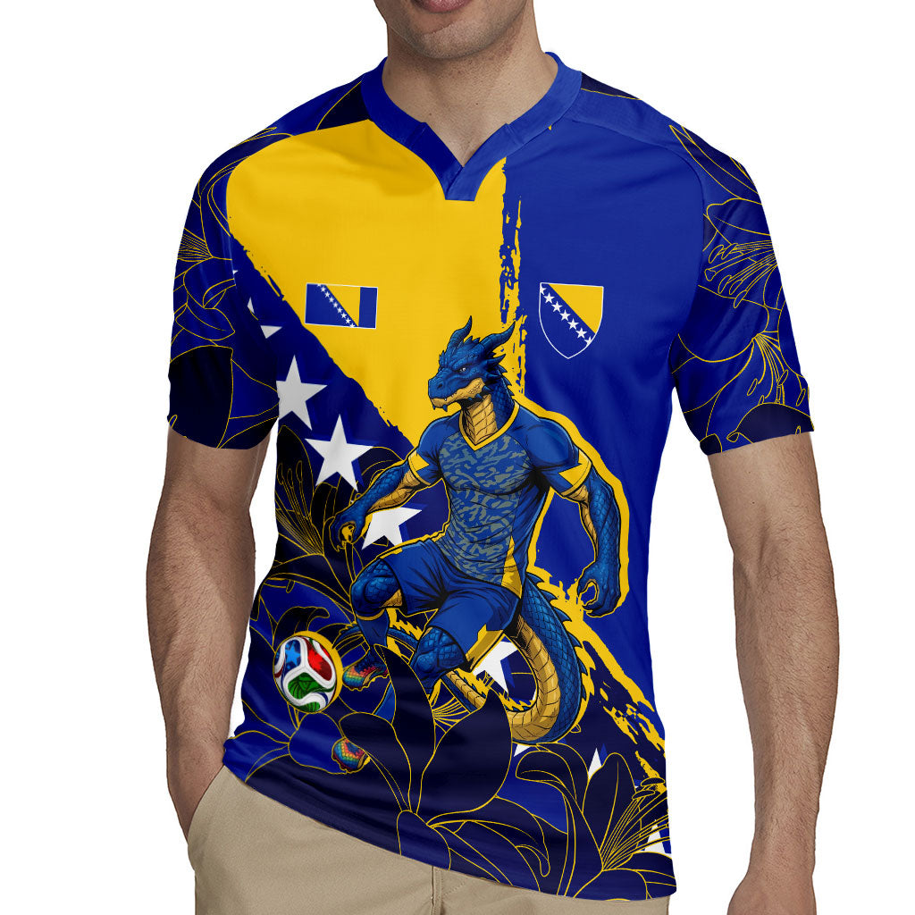 Personalized Bosnia And Herzegovina Football Dragon Mascot Rugby Jersey Balkan Soccer Design With Floral Line Art