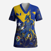 Personalized Bosnia And Herzegovina Football Dragon Mascot Scrub Top Balkan Soccer Design With Floral Line Art