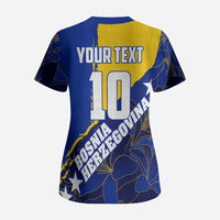Personalized Bosnia And Herzegovina Football Dragon Mascot Scrub Top Balkan Soccer Design With Floral Line Art