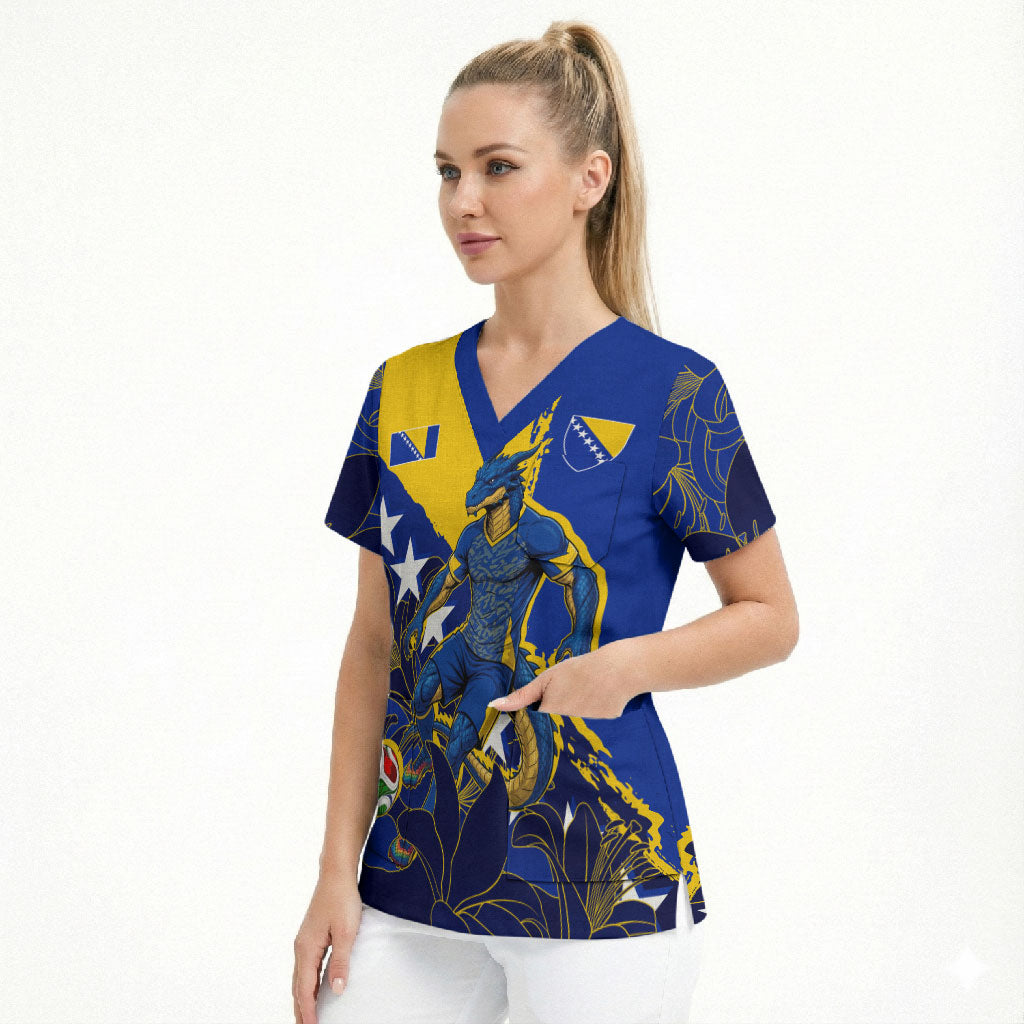 Personalized Bosnia And Herzegovina Football Dragon Mascot Scrub Top Balkan Soccer Design With Floral Line Art