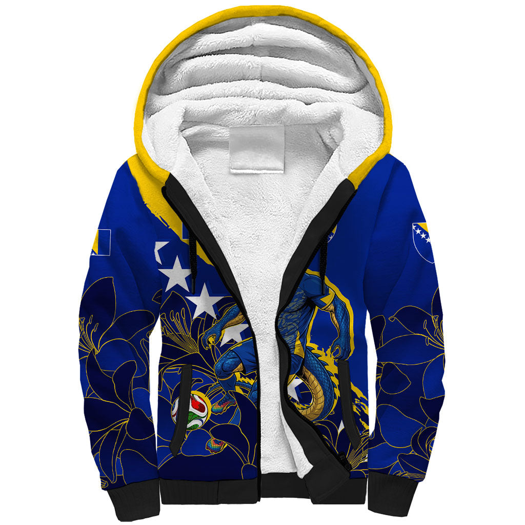 Personalized Bosnia And Herzegovina Football Dragon Mascot Sherpa Hoodie Balkan Soccer Design With Floral Line Art