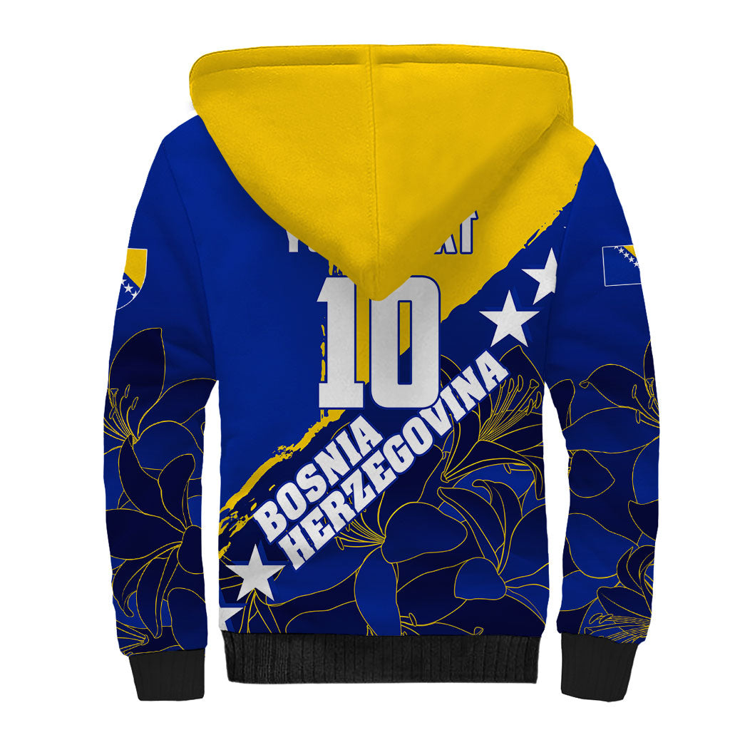 Personalized Bosnia And Herzegovina Football Dragon Mascot Sherpa Hoodie Balkan Soccer Design With Floral Line Art