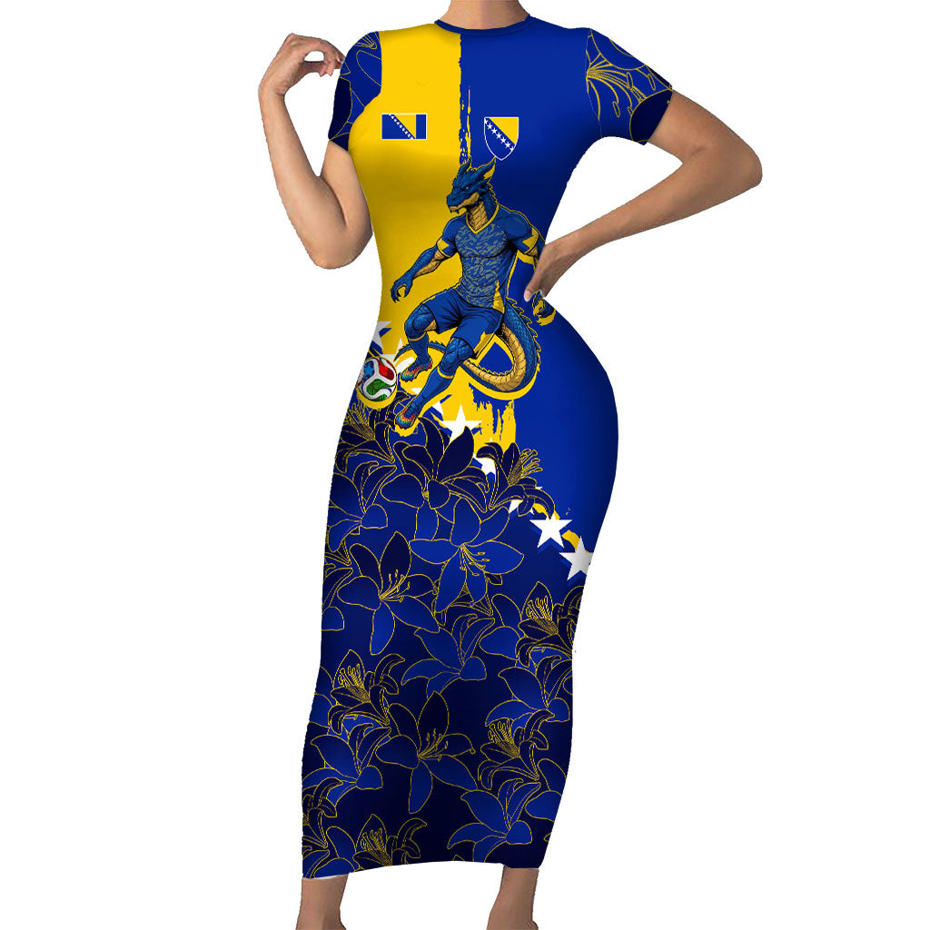 Personalized Bosnia And Herzegovina Football Dragon Mascot Short Sleeve Bodycon Dress Balkan Soccer Design With Floral Line Art