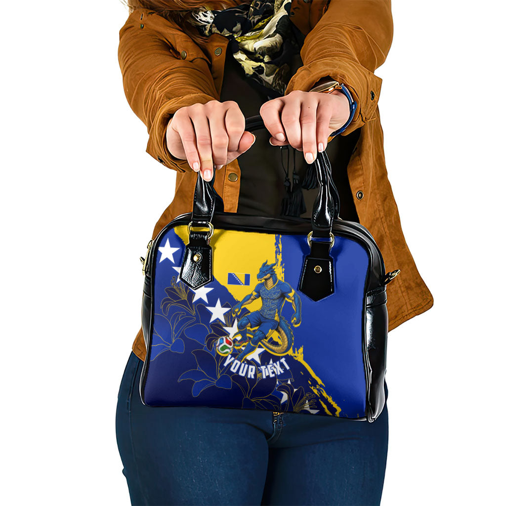 Personalized Bosnia And Herzegovina Football Dragon Mascot Shoulder Handbag Balkan Soccer Design With Floral Line Art