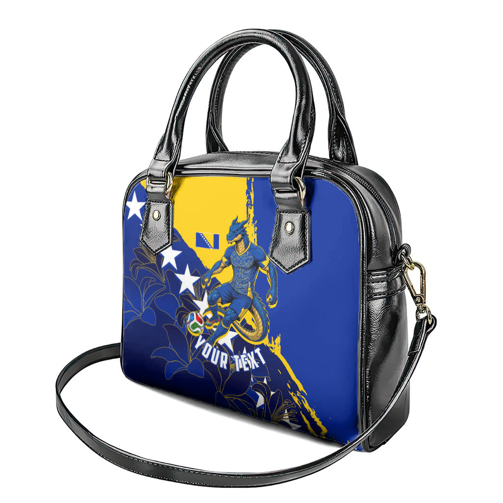Personalized Bosnia And Herzegovina Football Dragon Mascot Shoulder Handbag Balkan Soccer Design With Floral Line Art