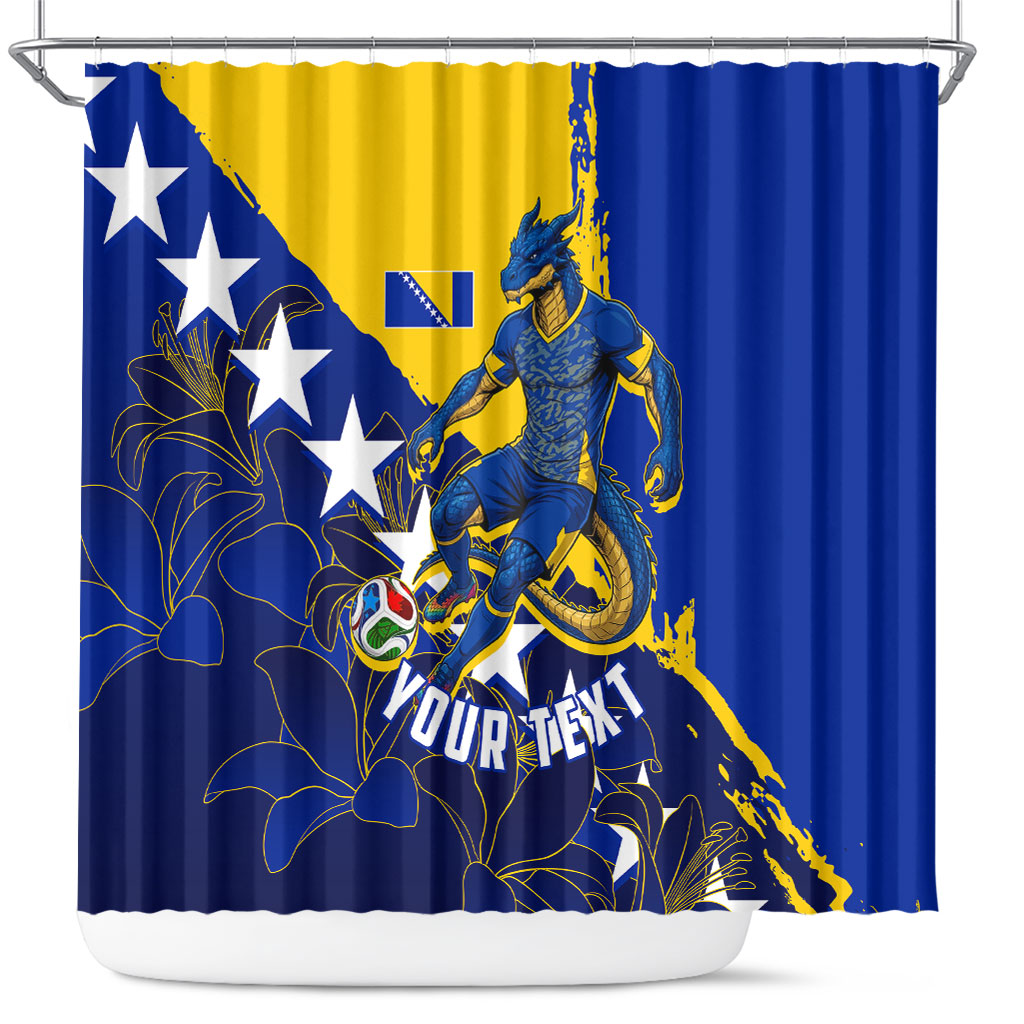 Personalized Bosnia And Herzegovina Football Dragon Mascot Shower Curtain Balkan Soccer Design With Floral Line Art