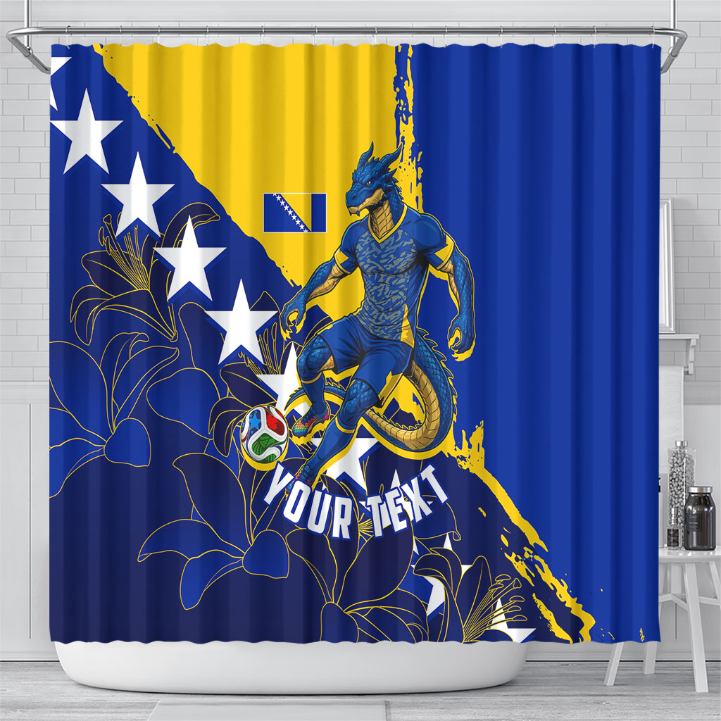 Personalized Bosnia And Herzegovina Football Dragon Mascot Shower Curtain Balkan Soccer Design With Floral Line Art