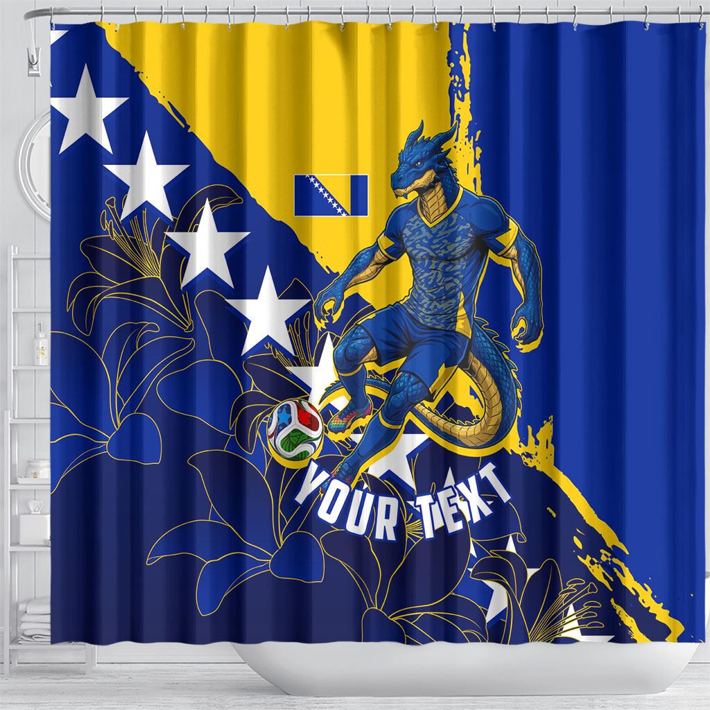 Personalized Bosnia And Herzegovina Football Dragon Mascot Shower Curtain Balkan Soccer Design With Floral Line Art