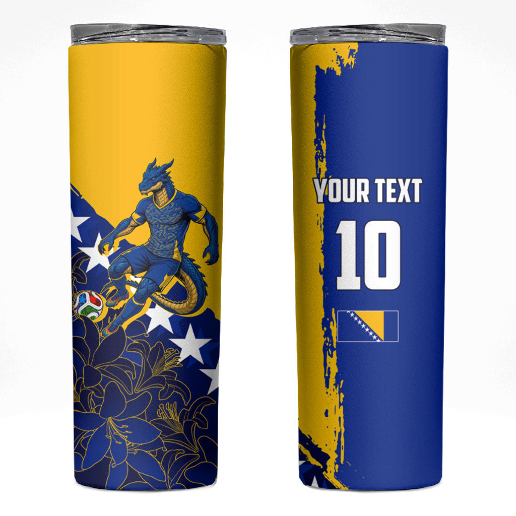 Personalized Bosnia And Herzegovina Football Dragon Mascot Skinny Tumbler Balkan Soccer Design With Floral Line Art