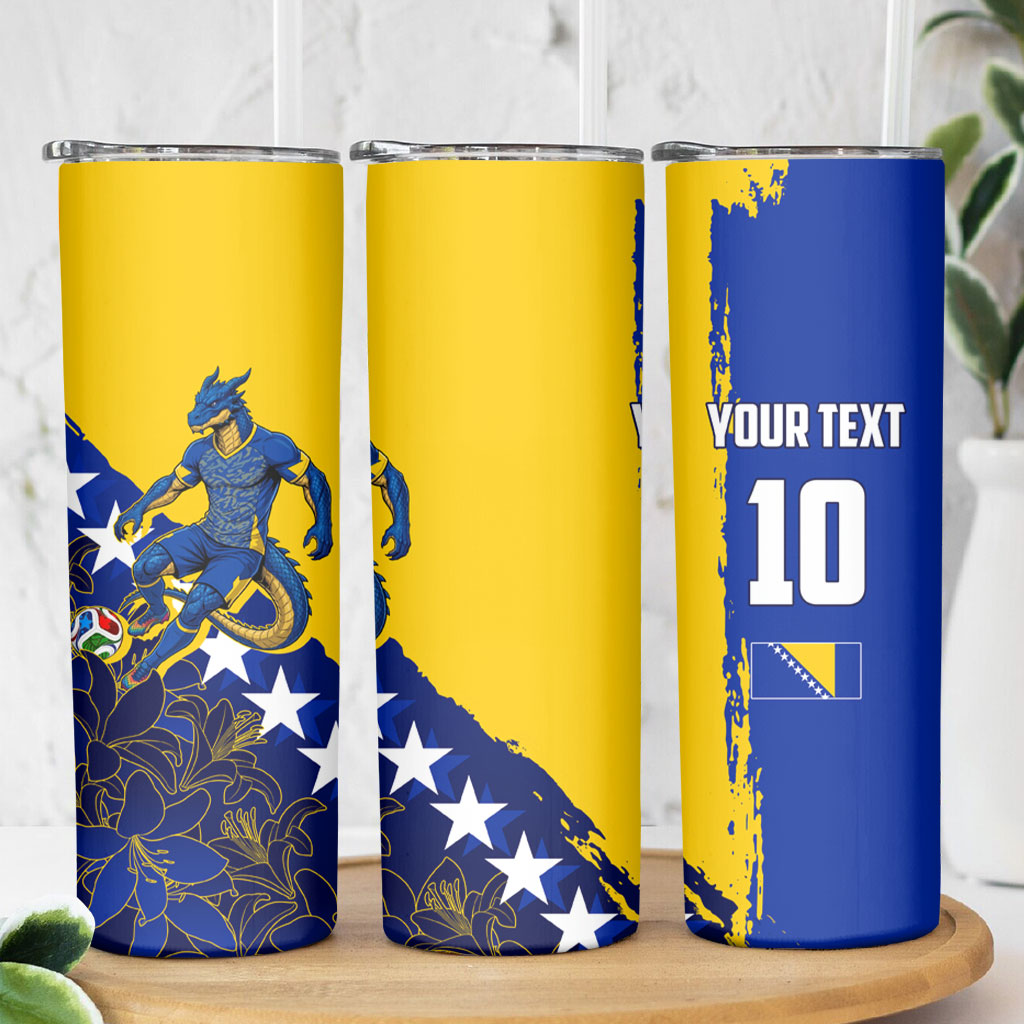 Personalized Bosnia And Herzegovina Football Dragon Mascot Skinny Tumbler Balkan Soccer Design With Floral Line Art