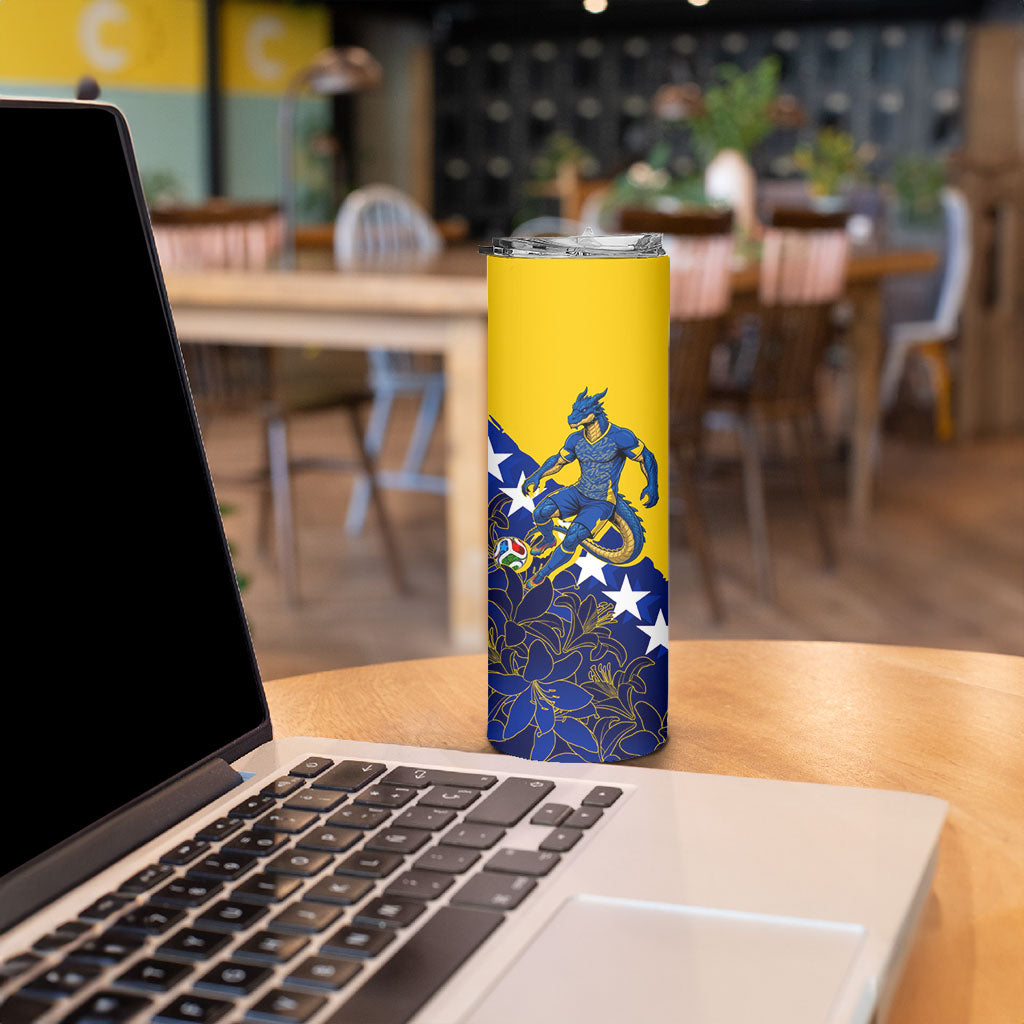Personalized Bosnia And Herzegovina Football Dragon Mascot Skinny Tumbler Balkan Soccer Design With Floral Line Art
