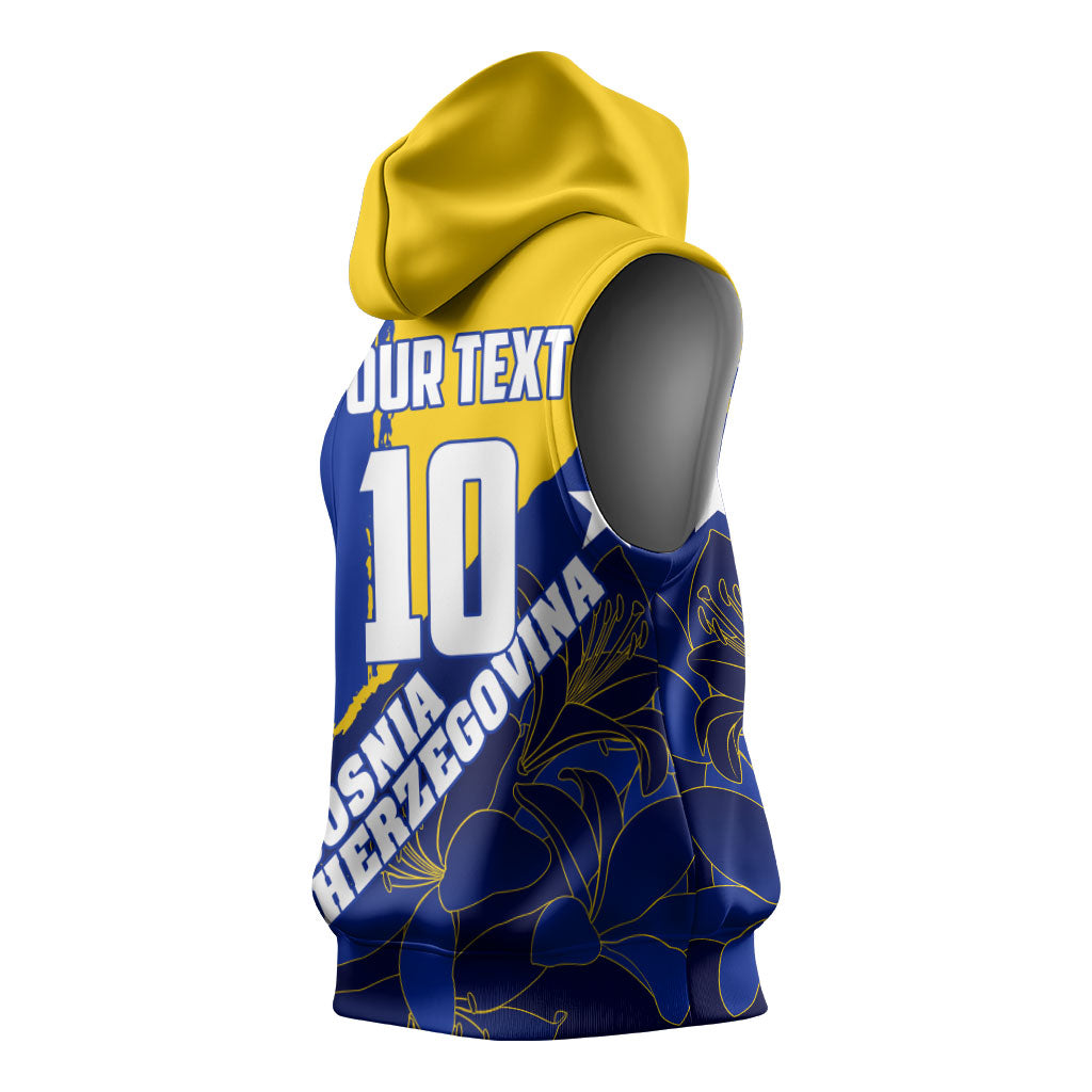 Personalized Bosnia And Herzegovina Football Dragon Mascot Sleeveless Hoodie Balkan Soccer Design With Floral Line Art