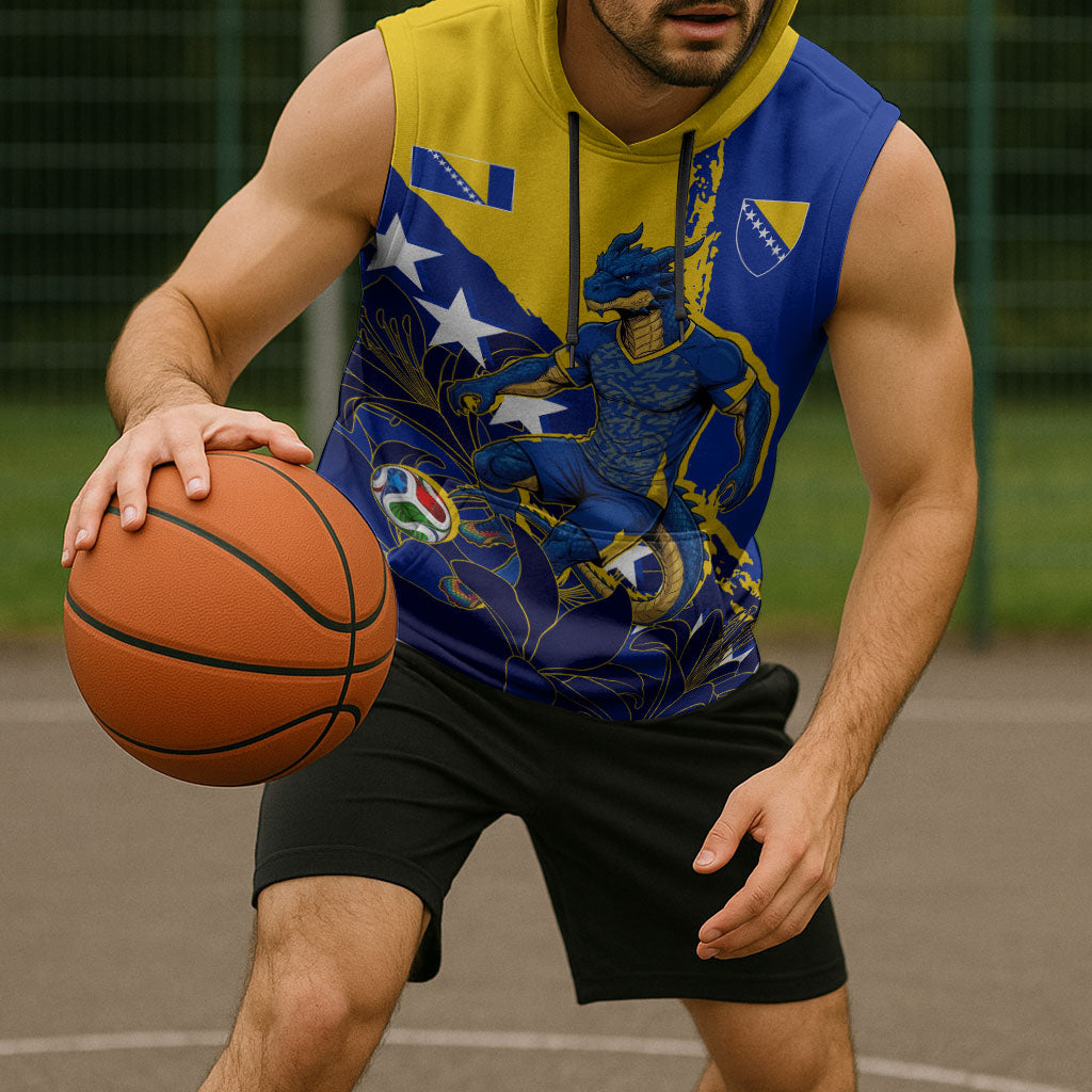 Personalized Bosnia And Herzegovina Football Dragon Mascot Sleeveless Hoodie Balkan Soccer Design With Floral Line Art