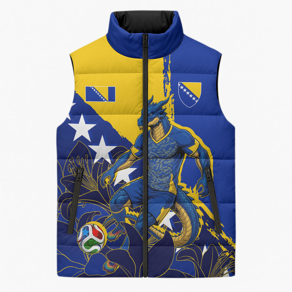 Personalized Bosnia And Herzegovina Football Dragon Mascot Sleeveless Puffer Jacket Balkan Soccer Design With Floral Line Art