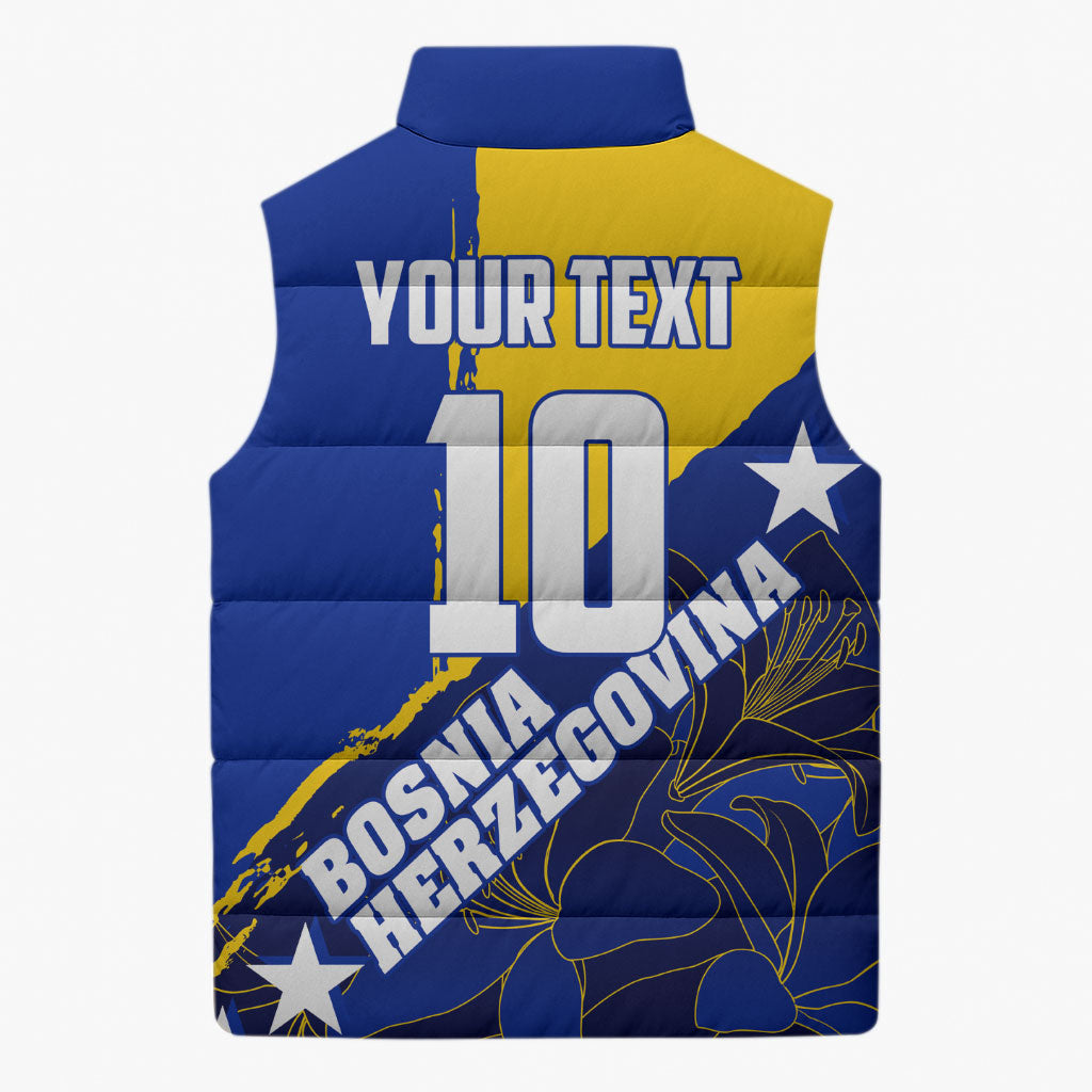Personalized Bosnia And Herzegovina Football Dragon Mascot Sleeveless Puffer Jacket Balkan Soccer Design With Floral Line Art