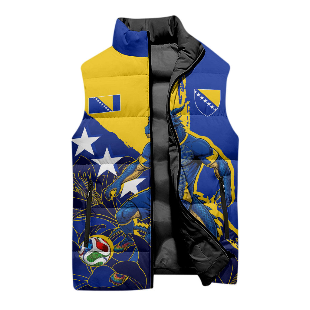 Personalized Bosnia And Herzegovina Football Dragon Mascot Sleeveless Puffer Jacket Balkan Soccer Design With Floral Line Art