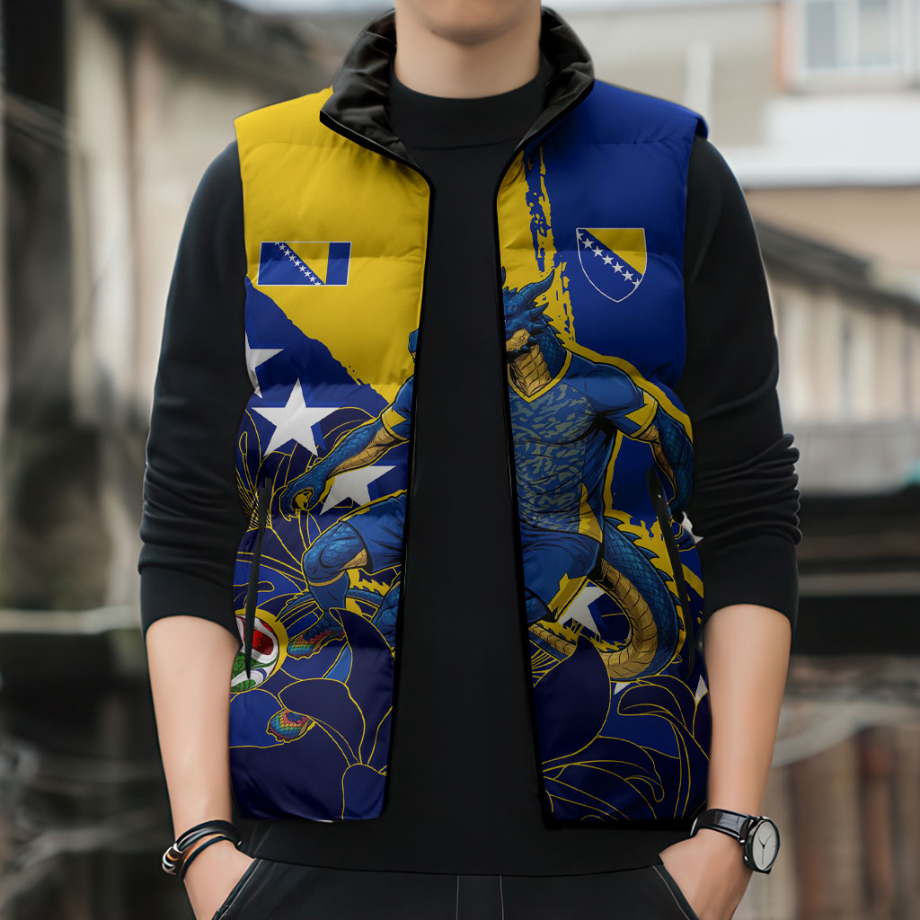 Personalized Bosnia And Herzegovina Football Dragon Mascot Sleeveless Puffer Jacket Balkan Soccer Design With Floral Line Art