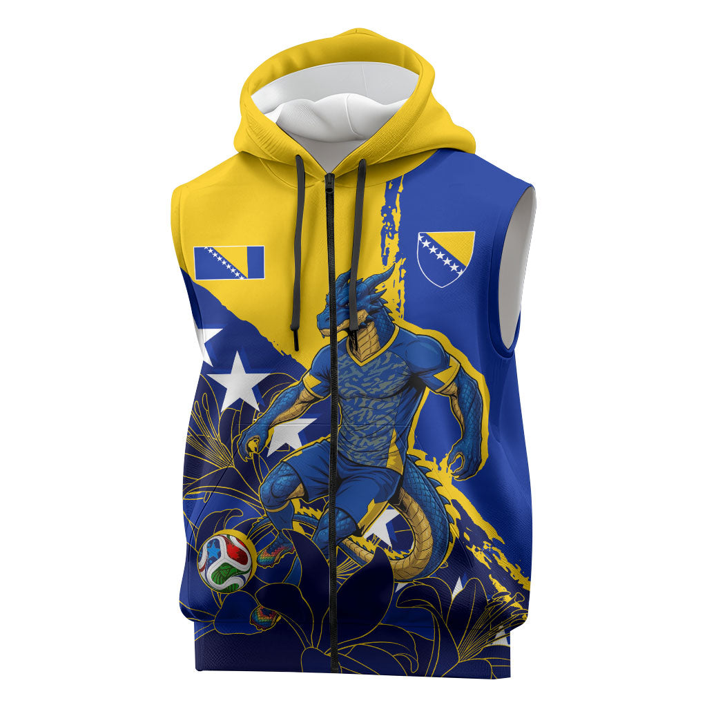 Personalized Bosnia And Herzegovina Football Dragon Mascot Sleeveless Zip Hoodie Balkan Soccer Design With Floral Line Art