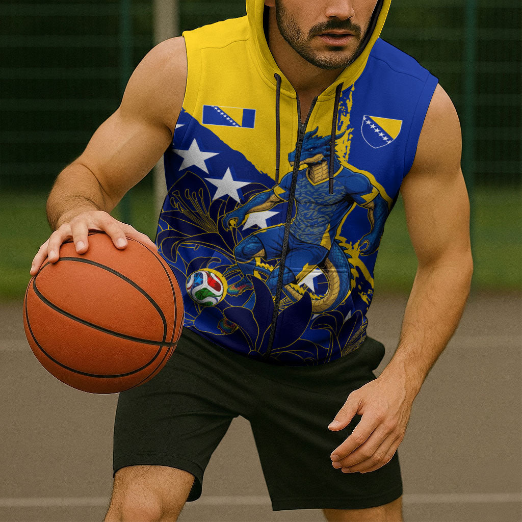 Personalized Bosnia And Herzegovina Football Dragon Mascot Sleeveless Zip Hoodie Balkan Soccer Design With Floral Line Art