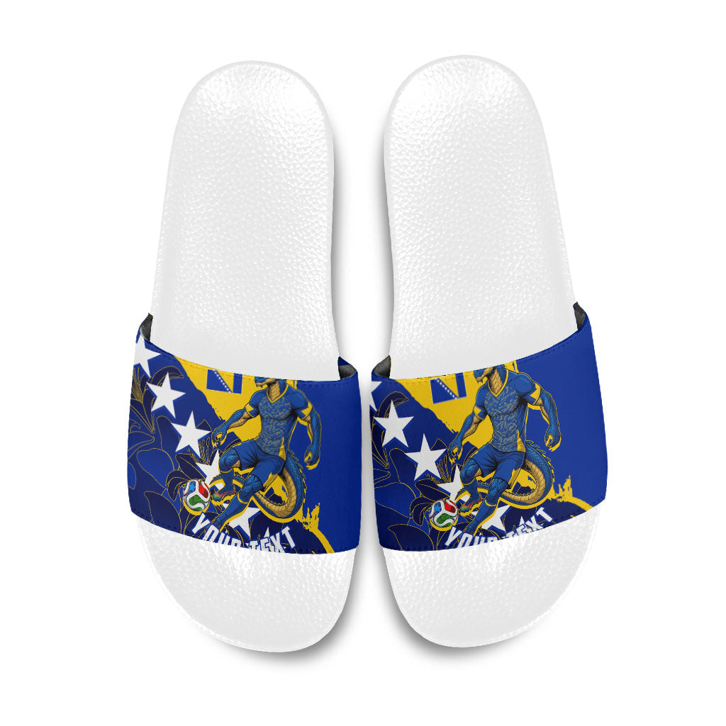 Personalized Bosnia And Herzegovina Football Dragon Mascot Slide Sandals Balkan Soccer Design With Floral Line Art