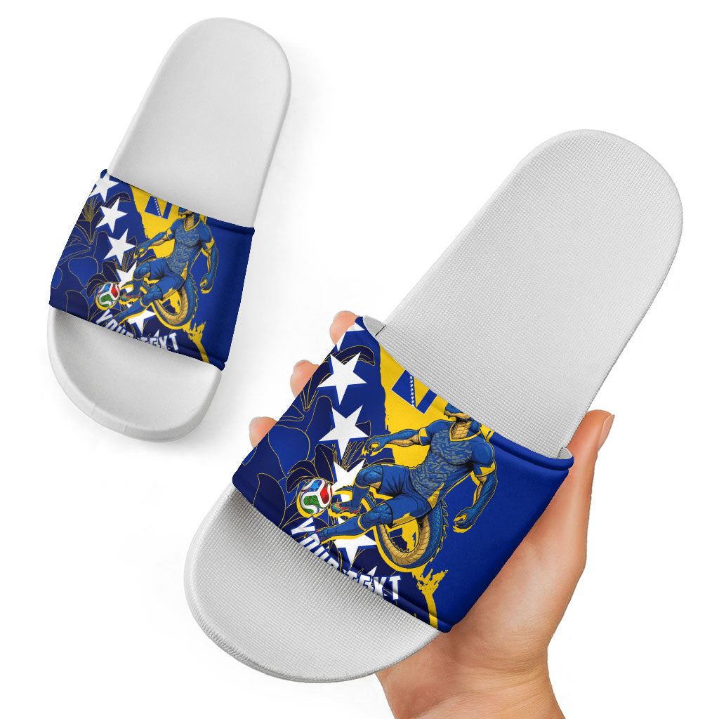 Personalized Bosnia And Herzegovina Football Dragon Mascot Slide Sandals Balkan Soccer Design With Floral Line Art