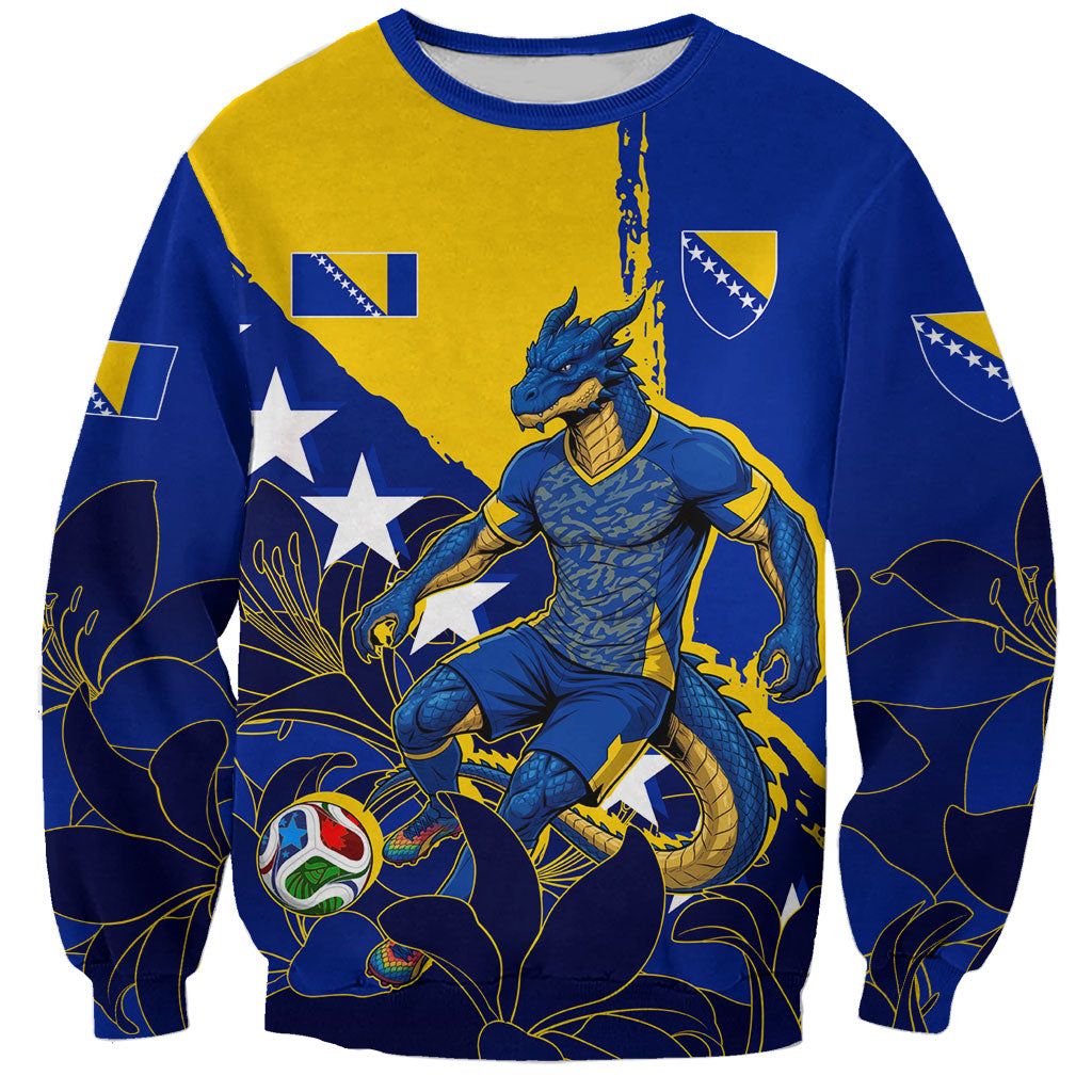 Personalized Bosnia And Herzegovina Football Dragon Mascot Sweatshirt Balkan Soccer Design With Floral Line Art