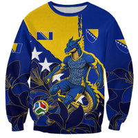 Personalized Bosnia And Herzegovina Football Dragon Mascot Sweatshirt Balkan Soccer Design With Floral Line Art