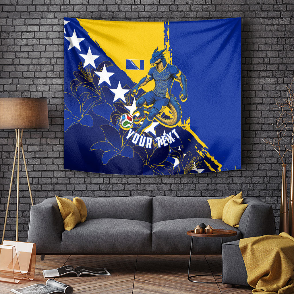 Personalized Bosnia And Herzegovina Football Dragon Mascot Tapestry Balkan Soccer Design With Floral Line Art