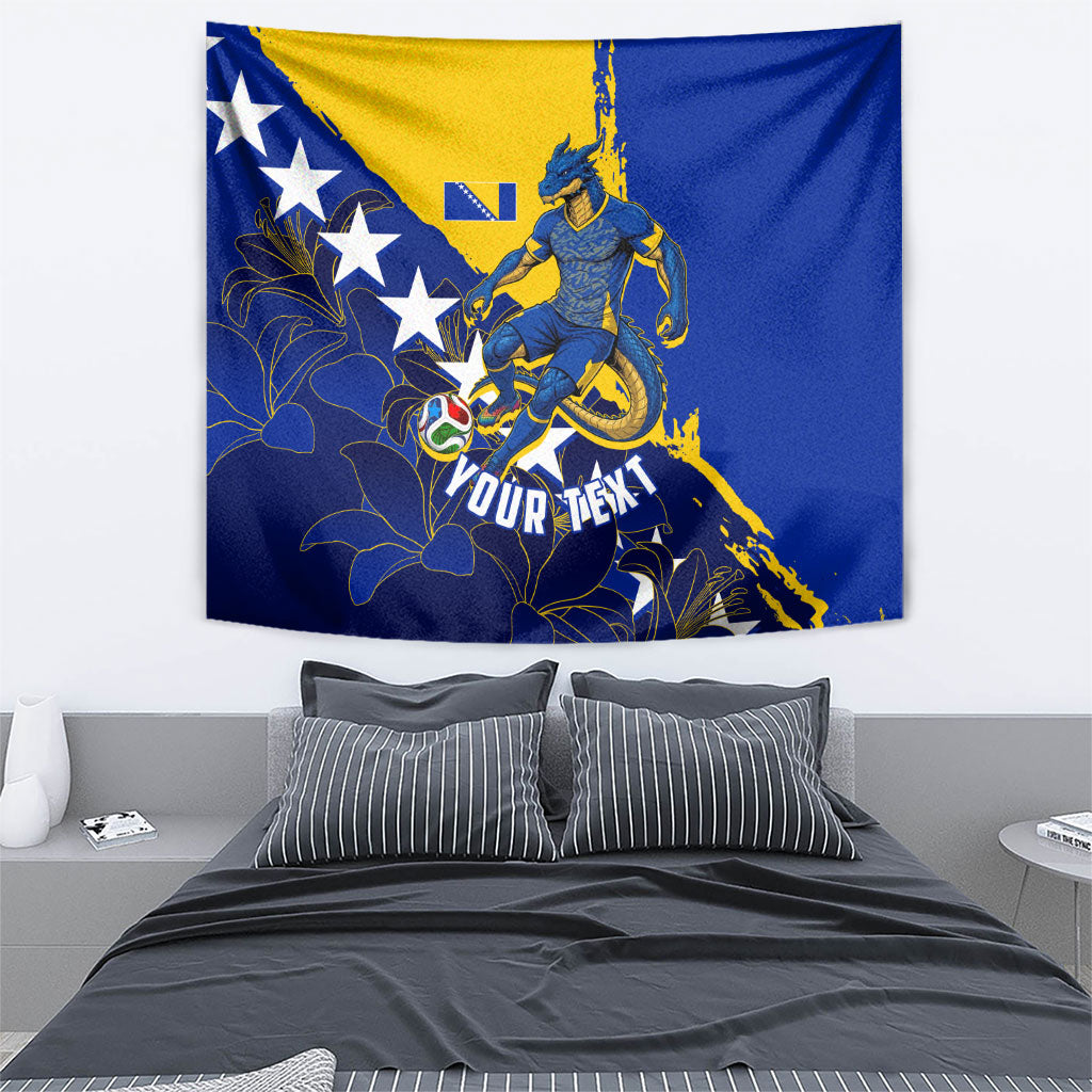 Personalized Bosnia And Herzegovina Football Dragon Mascot Tapestry Balkan Soccer Design With Floral Line Art