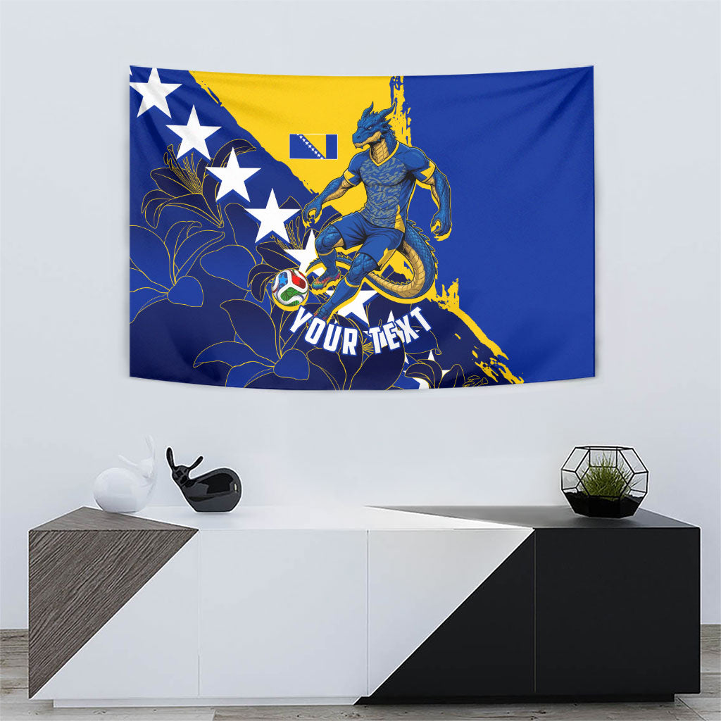 Personalized Bosnia And Herzegovina Football Dragon Mascot Tapestry Balkan Soccer Design With Floral Line Art