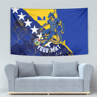 Personalized Bosnia And Herzegovina Football Dragon Mascot Tapestry Balkan Soccer Design With Floral Line Art