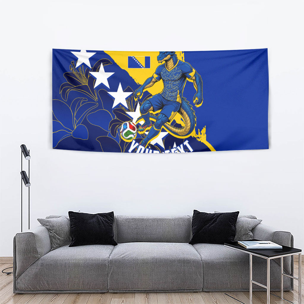 Personalized Bosnia And Herzegovina Football Dragon Mascot Tapestry Balkan Soccer Design With Floral Line Art