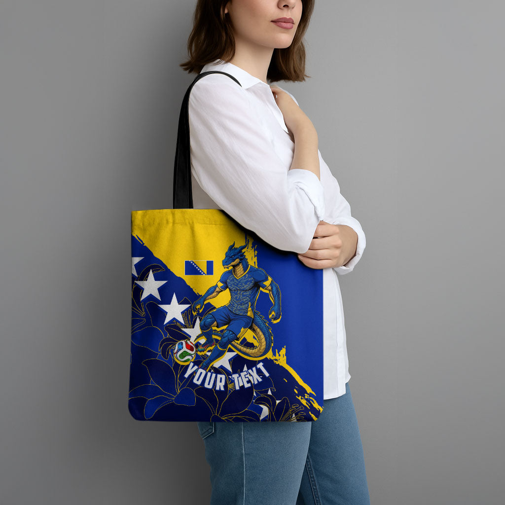 Personalized Bosnia And Herzegovina Football Dragon Mascot Tote Bag Balkan Soccer Design With Floral Line Art