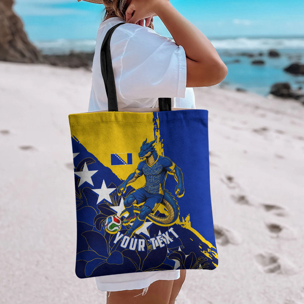 Personalized Bosnia And Herzegovina Football Dragon Mascot Tote Bag Balkan Soccer Design With Floral Line Art