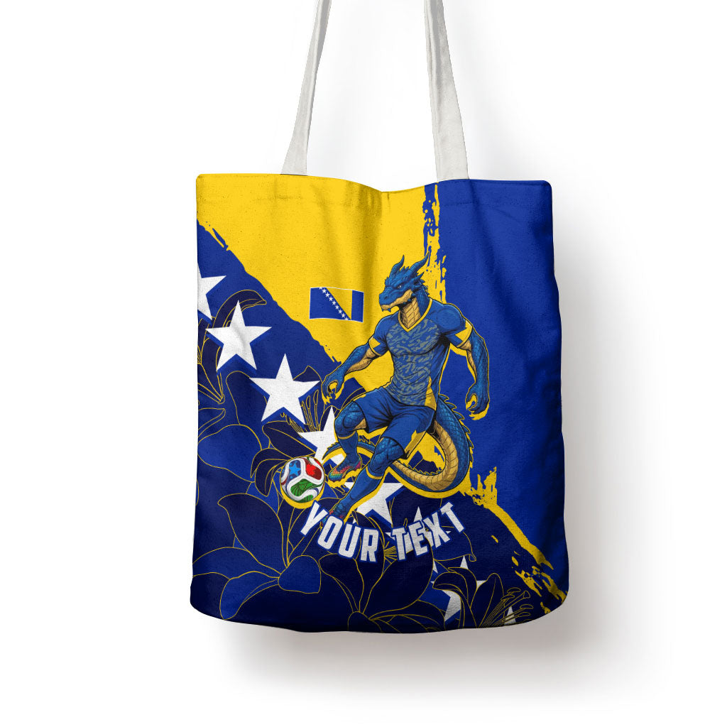 Personalized Bosnia And Herzegovina Football Dragon Mascot Tote Bag Balkan Soccer Design With Floral Line Art