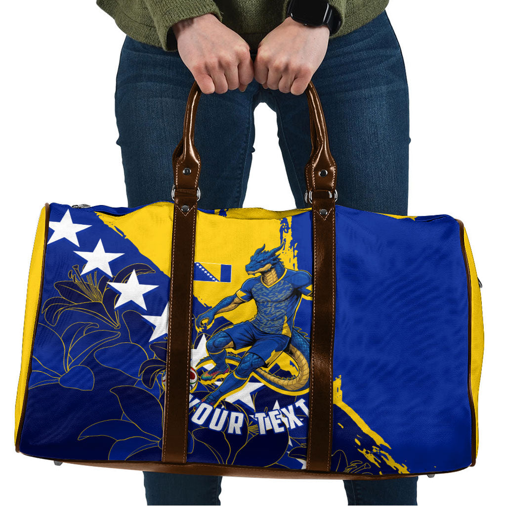 Personalized Bosnia And Herzegovina Football Dragon Mascot Travel Bag Balkan Soccer Design With Floral Line Art
