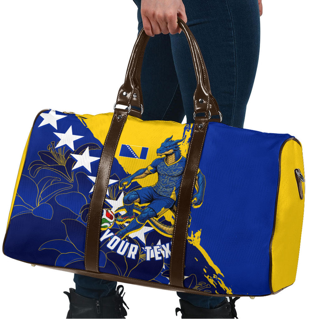 Personalized Bosnia And Herzegovina Football Dragon Mascot Travel Bag Balkan Soccer Design With Floral Line Art