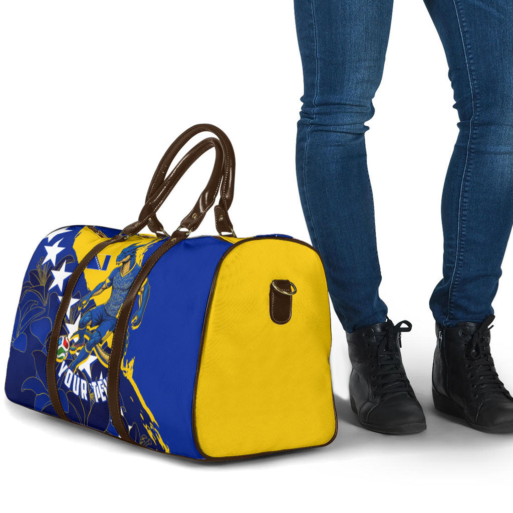 Personalized Bosnia And Herzegovina Football Dragon Mascot Travel Bag Balkan Soccer Design With Floral Line Art