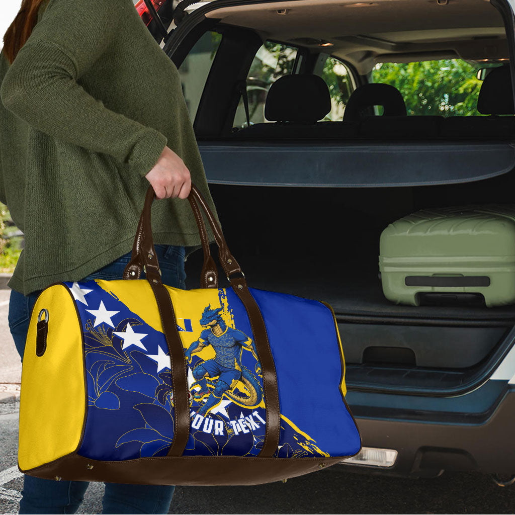 Personalized Bosnia And Herzegovina Football Dragon Mascot Travel Bag Balkan Soccer Design With Floral Line Art