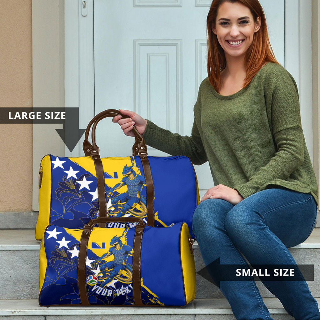 Personalized Bosnia And Herzegovina Football Dragon Mascot Travel Bag Balkan Soccer Design With Floral Line Art
