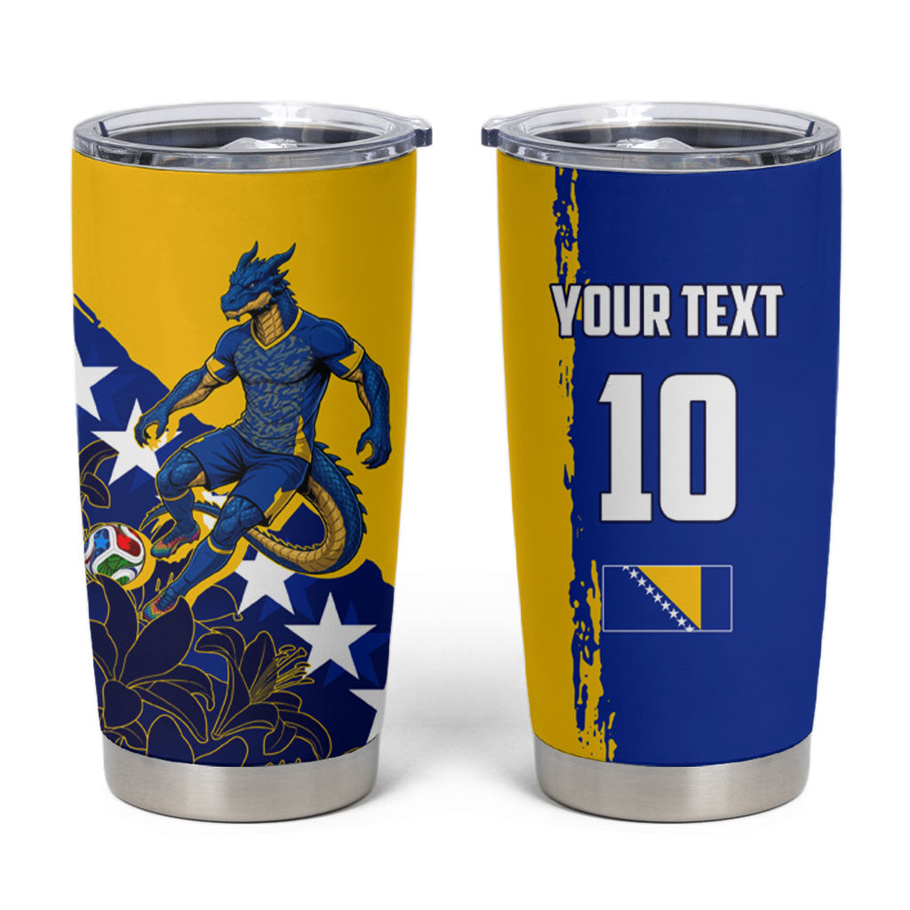 Personalized Bosnia And Herzegovina Football Dragon Mascot Tumbler Cup Balkan Soccer Design With Floral Line Art