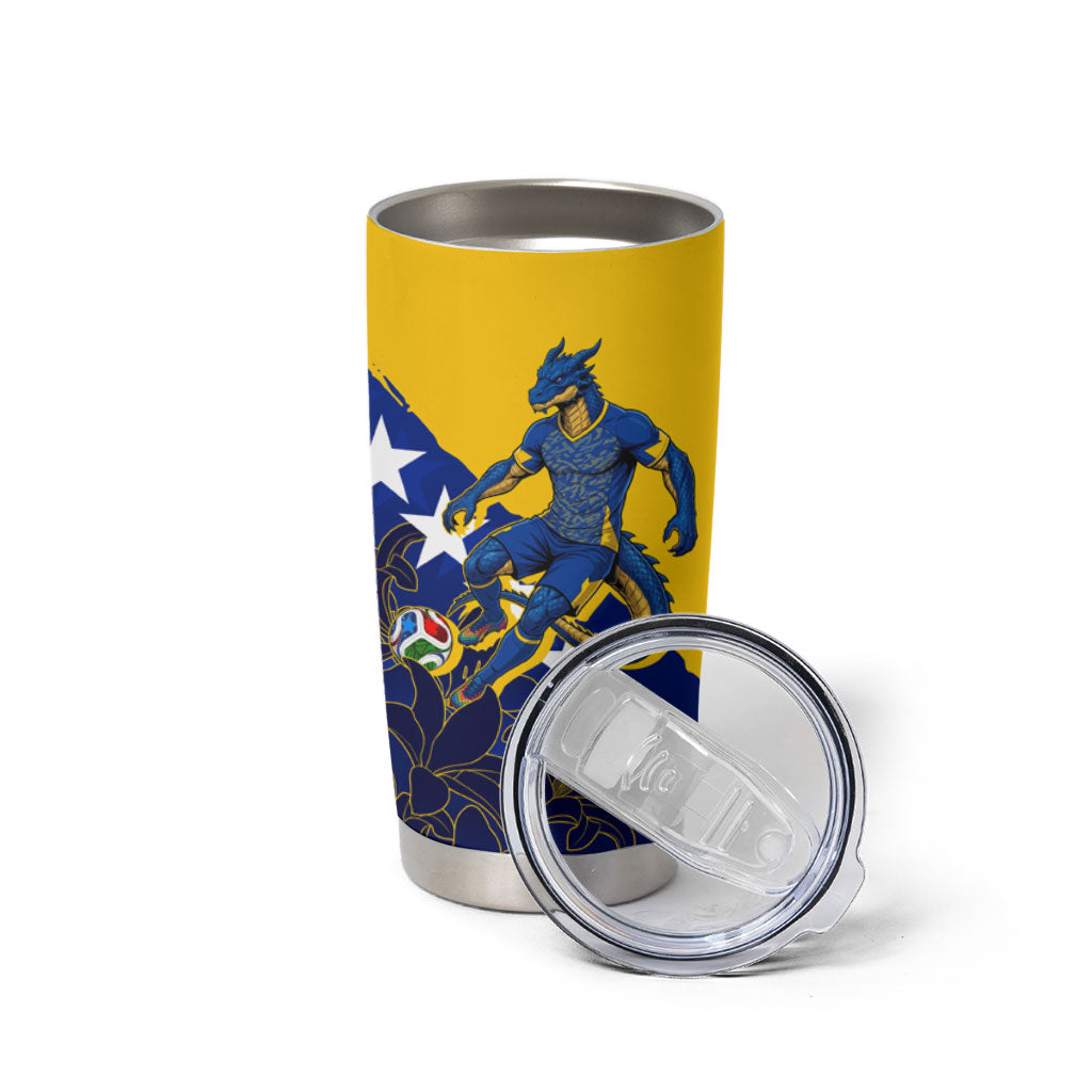 Personalized Bosnia And Herzegovina Football Dragon Mascot Tumbler Cup Balkan Soccer Design With Floral Line Art