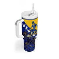 Personalized Bosnia And Herzegovina Football Dragon Mascot Tumbler With Handle Balkan Soccer Design With Floral Line Art