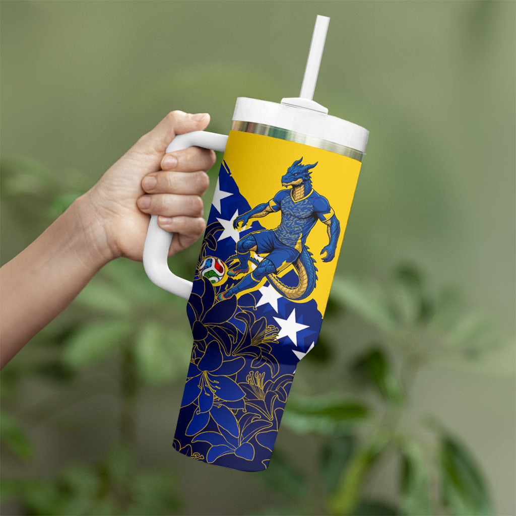 Personalized Bosnia And Herzegovina Football Dragon Mascot Tumbler With Handle Balkan Soccer Design With Floral Line Art