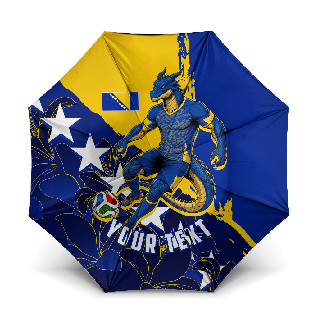 Personalized Bosnia And Herzegovina Football Dragon Mascot Umbrella Balkan Soccer Design With Floral Line Art