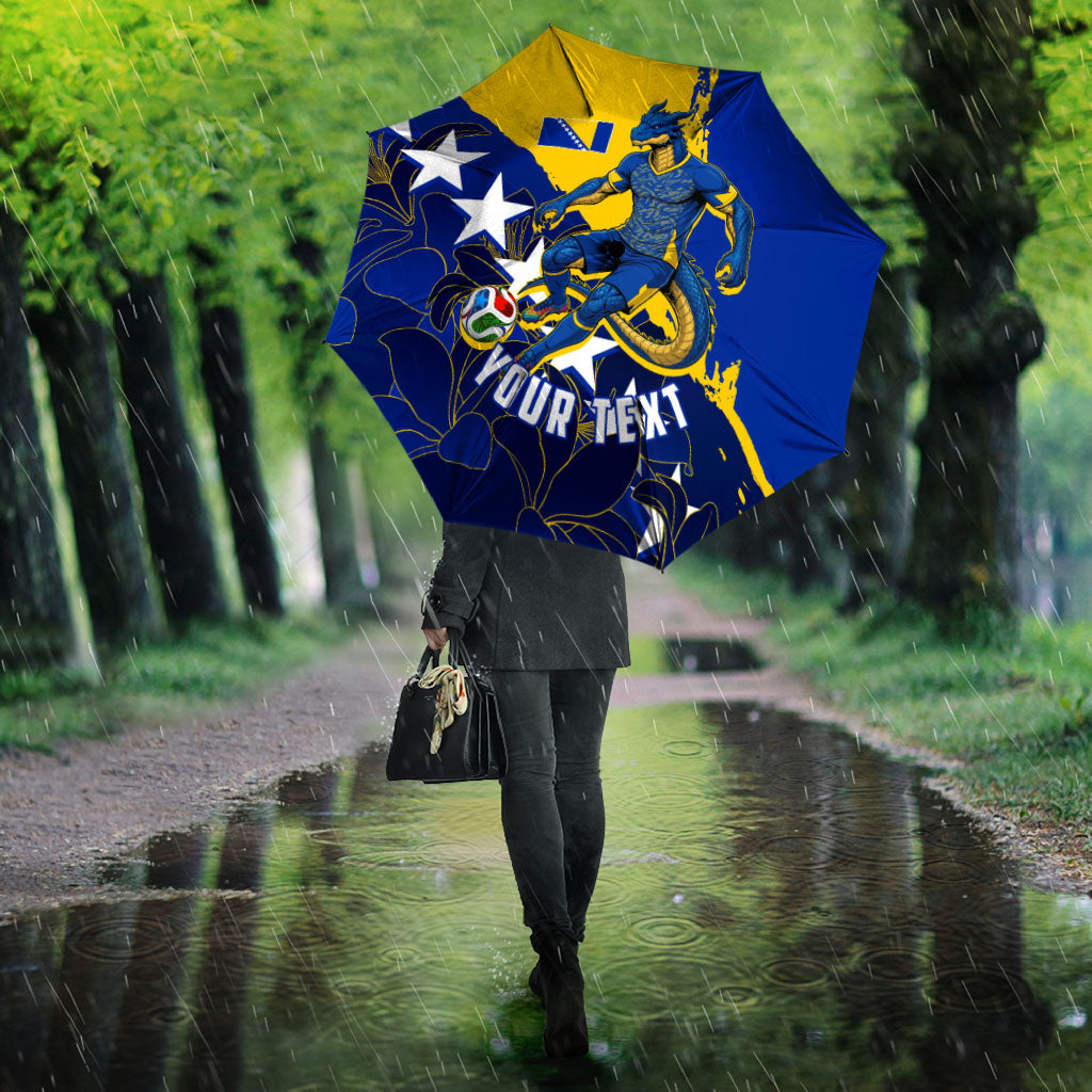 Personalized Bosnia And Herzegovina Football Dragon Mascot Umbrella Balkan Soccer Design With Floral Line Art