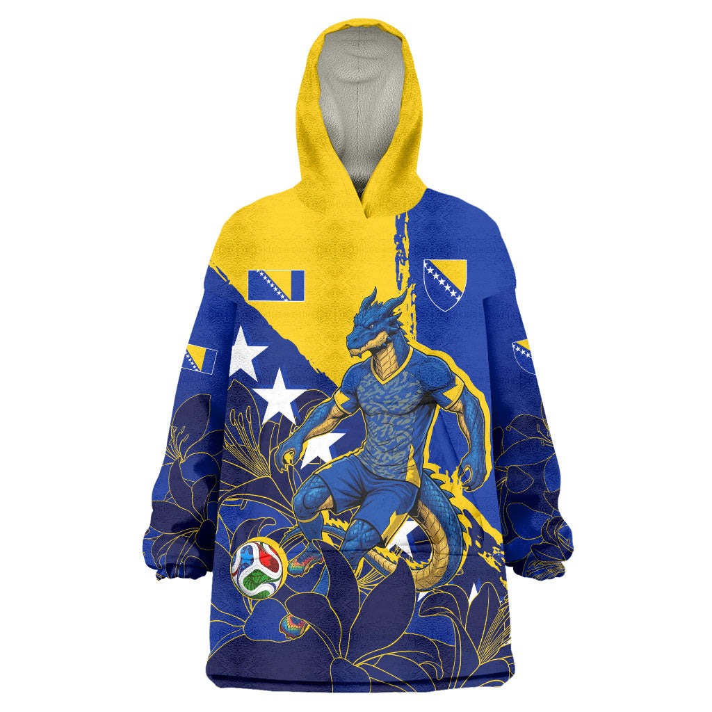 Personalized Bosnia And Herzegovina Football Dragon Mascot Wearable Blanket Hoodie Balkan Soccer Design With Floral Line Art